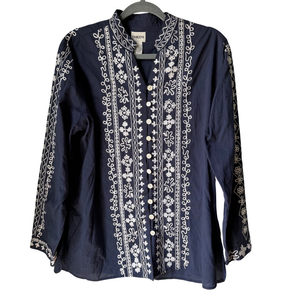 Chico's Blue‎ Embroidered Button Up Shirt 100% Cotton Mandarin Collar SZ 2 Large
